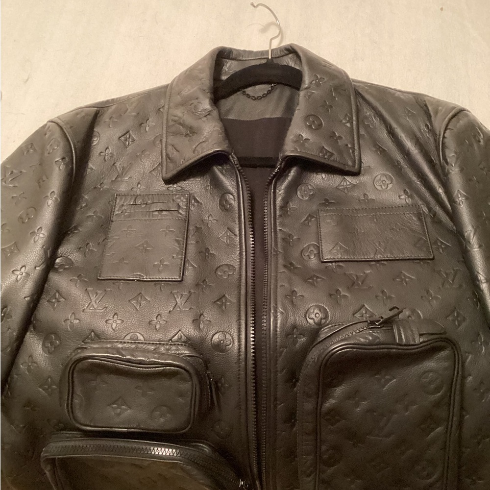 Louis Vuitton Black Bomber Jacket with Distressed Leather Finish